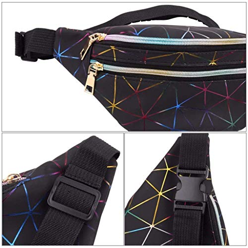 LIVACASA Riñoneras Mujeres de Moda Riñoneras Deportivas Impermeables Plegable Brillante Bolsas de Cintura Running Paseo de Marcha PU Material Unisex Negro