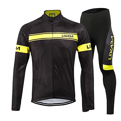 Lixada Maillot Ciclismo Hombres Manga Largo y Pantalones Ajustados 3D Acolchado Forro Térmico de Lana Anti-Viento Invierno/Otoño/Primavera