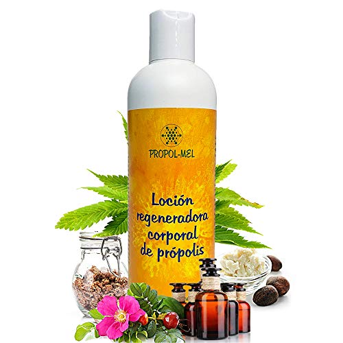 Locion corporal 100% natural - 300 ml - Certificación BIO. Crema reafirmante, regeneradora e hidratante con propoleo, karite, rosa mosqueta, cáñamo y aceites esenciales aromaterapeuticos.