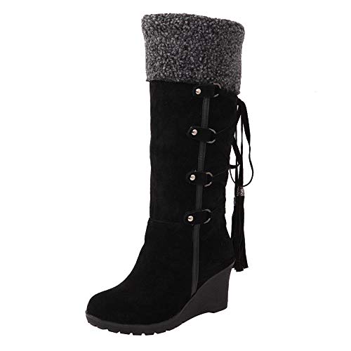 Logobeing Botines Mujer Planos Tacon Zapatos de Mujer Después de Lijar con Borlas Botas Altas Mangas Cuñas Botas de Nieve Zapatos de Plataforma(38,Negro)