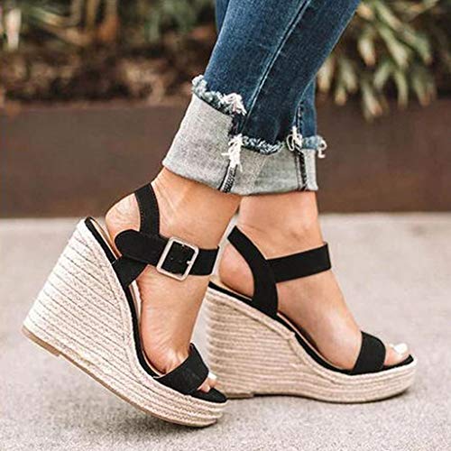 Logobeing Sandalias Mujer Verano 2019 Plataforma Cuña Flock Wedges Tobillo Alto Sandalias Al Aire Libre Punta Redonda Calzado Casual Zapatos Zapatillas (35, Negro #1)