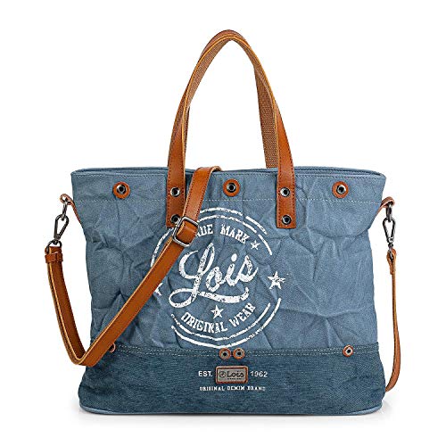 Lois - Bolso de Mujer Tipo Shopping. Portadocumentos Cartera Tipo Mensajero 15" para Portátil. Lona - Cuero PU Estampado Polipiel. Efecto Arrugado. Marca Original. 303040, Color Azul