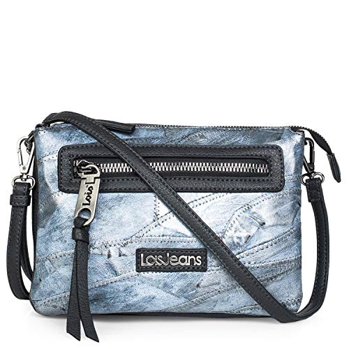 Lois - Bolso Pequeño Bandolera de Mujer. Triple Compartimento. Ideal para Diario. Cuero PU Efecto Denim Metálico. Muy Práctico y Original. Cómodo Resistente y Ligero. 304115, Color Azul