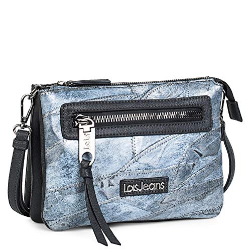 Lois - Bolso Pequeño Bandolera de Mujer. Triple Compartimento. Ideal para Diario. Cuero PU Efecto Denim Metálico. Muy Práctico y Original. Cómodo Resistente y Ligero. 304115, Color Azul