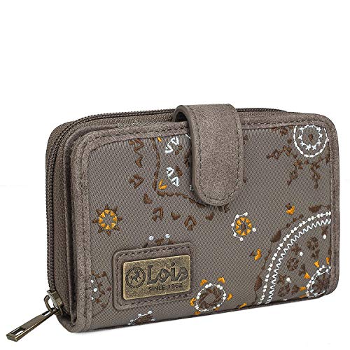 Lois - Cartera Estampada con Bordados para Mujer con Motivos Mandala Fabricada en Lona y Cuero PU para Uso Diario con Cierre Cremallera y Botón 304414, Color Marron