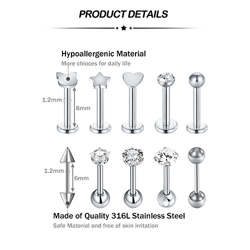 Longita 16G Acero Quirúrgico Pendientes Helix Cartilago Tragus Piercings Oreja Barbell 6mm 8mm Joyería del Cuerpo 10 Piezas