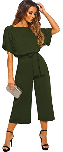 Longwu Mujeres Casual Elegante Cintura Alta Mono de Manga Corta Pantalones de Pierna Ancha Ocasionales Mamelucos Sueltos con cinturón Ejercito Verde-XL