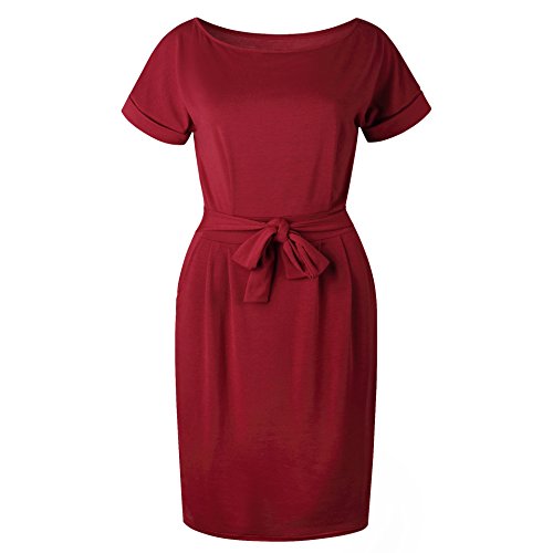 Longwu Vestido de Manga Corta Elegante de Las Mujeres para Trabajar el Vestido Ocasional del lápiz con la Correa Vino Rojo-S