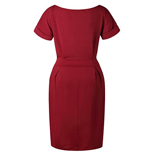 Longwu Vestido de Manga Corta Elegante de Las Mujeres para Trabajar el Vestido Ocasional del lápiz con la Correa Vino Rojo-S