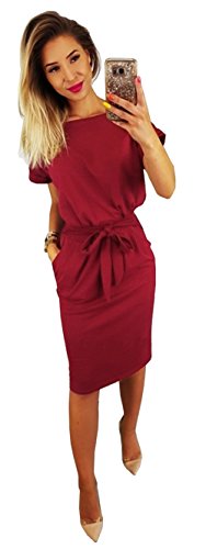 Longwu Vestido de Manga Corta Elegante de Las Mujeres para Trabajar el Vestido Ocasional del lápiz con la Correa Vino Rojo-S