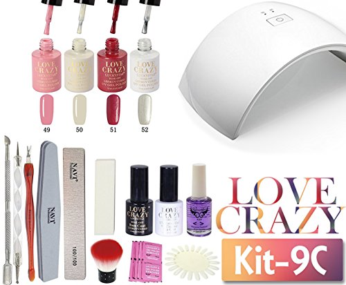 LoveCrazy 4pcs Kit De Colores 49-52 en Gel Manicura Semipermanente + TopCoat y BaseCoat UV LED Manicura Arte + Lámpara Secador 9C de Uñas UV/LED + Removedores + Lima + otros productos (9C KIT 49-52)