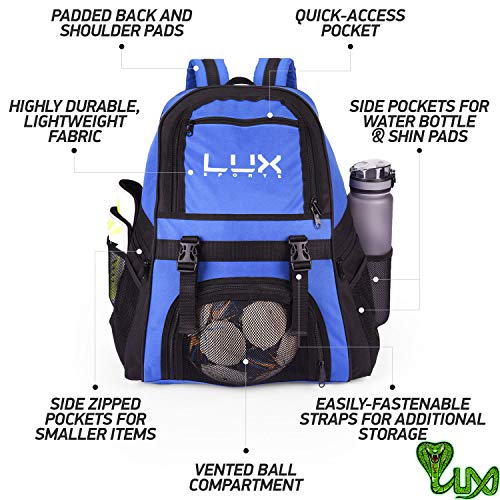 LUX - Mochila de fútbol con compartimento para pelotas de fútbol para jóvenes y niños, bolsa de equipo para fútbol y baloncesto, voleibol, gimnasio, azul