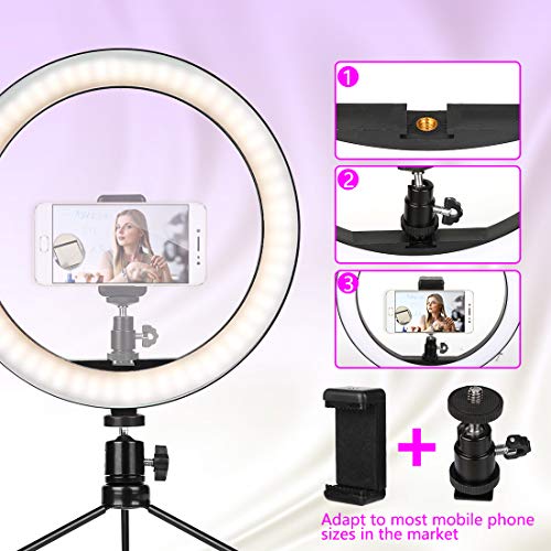 Luz de Anillo LED, Anillo de Luz Trípode LED 10", Aro de Luz con Trípode con Soporte Giratorio, 3 Modos de Luces 10 Brillos Regulable para Móvil Selfie Fotografía Maquillaje Transmisión en Vivo