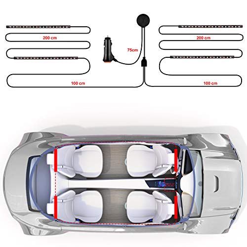 Luz Interior Coche Zethot, tiras de luces LED para coche, Diseño de dos líneas, Impermeable, 4 piezas, 72 LED, compatible con cualquier modelo y marca de coche, DC 12V, con APP y mando a distancia RF