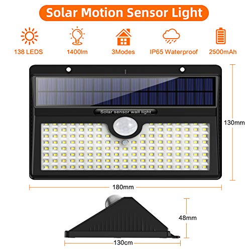 Luz Solar Exterior 138 LED, Feob Luces Solares Exterior con Sensor de Movimiento Gran Ángulo 270° 2500mAh Lámpara Solar Exterior Inalámbrico Impermeable 3 Modos Inteligente Foco Solar para Jardín