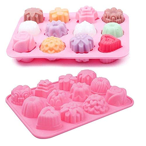 LWXCHE06 Moldes de Silicona con 12 Cavidades Molde de Pastel Moldes Decorativos de Silicona para Tartas Moldes con Forma de Flores para Jabón Chocolates Dulces Muffins Molde para Horno Rosa 2 Piezas