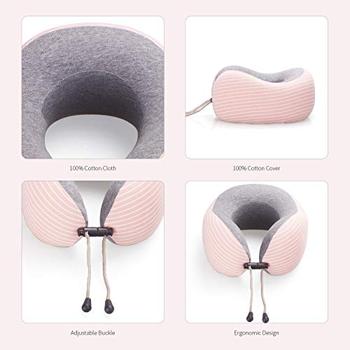 Lyn's Almohada Cuello, Almohada Viaje Espuma Memoria, Funda de algodón Puro Transpirable, Kit de Viaje de avión con máscara para los Ojos, Tapones para los oídos y Bolsa de Almacenamiento (Rosado)