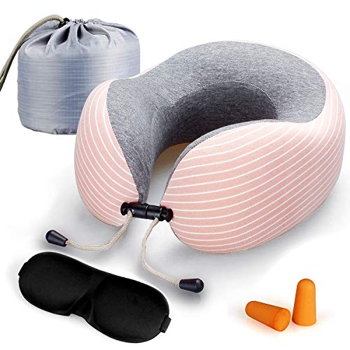 Lyn's Almohada Cuello, Almohada Viaje Espuma Memoria, Funda de algodón Puro Transpirable, Kit de Viaje de avión con máscara para los Ojos, Tapones para los oídos y Bolsa de Almacenamiento (Rosado)