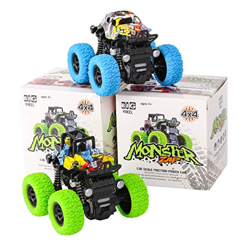 m zimoon Camión Monster Inercia, Camion Monster Truck Juguetes Vehículos Fricción Rotación de 360 Grados Tire hacia Atrás Coches para Niños de 3 a 12 Años Niñas Niños(Azul + Verde, 2pcs )