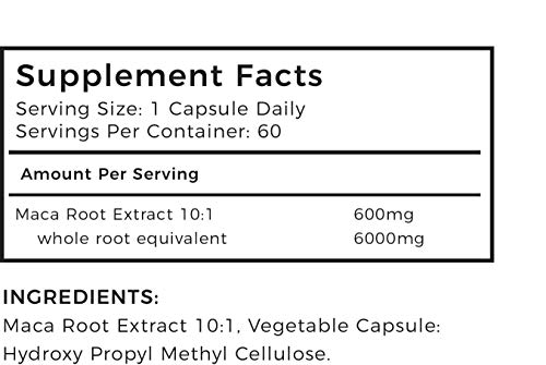 Maca Root 10: 1 Extracto de LLS | 60 cápsulas veganas x 600 mg (equivalente a 6000 mg) | Rico en vitaminas B, vitaminas C y E, calcio, zinc, hierro, magnesio, fósforo y aminoácidos