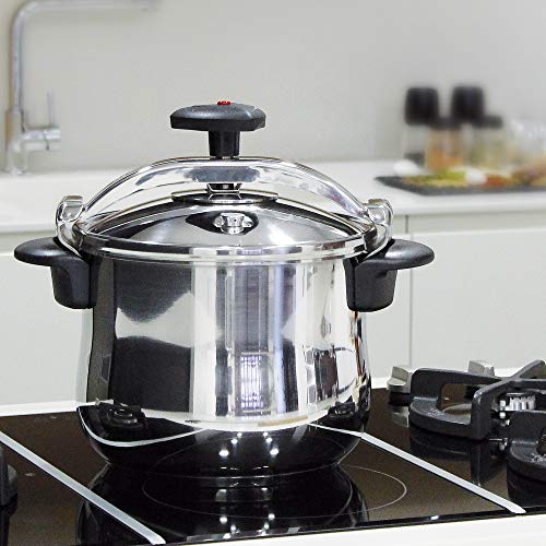 MAGEFESA STAR Olla a presión rápida. Pack exclusivo Olla+Cestillo+Libro de recetas. Fácil uso, acero inoxidable 18/10, apta para todo tipo de cocinas, incluido inducción, 3 sistemas de seguridad. (8L)