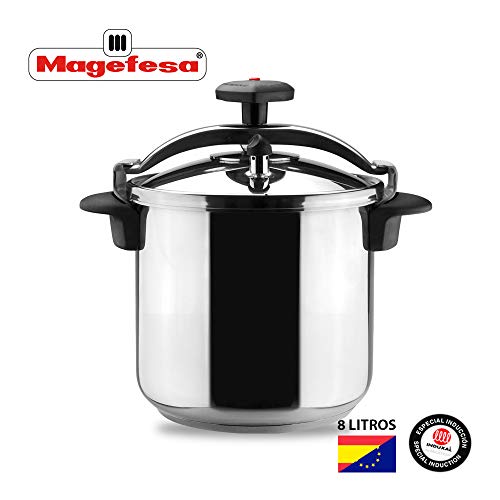 MAGEFESA STAR Olla a presión rápida. Pack exclusivo Olla+Cestillo+Libro de recetas. Fácil uso, acero inoxidable 18/10, apta para todo tipo de cocinas, incluido inducción, 3 sistemas de seguridad. (8L)