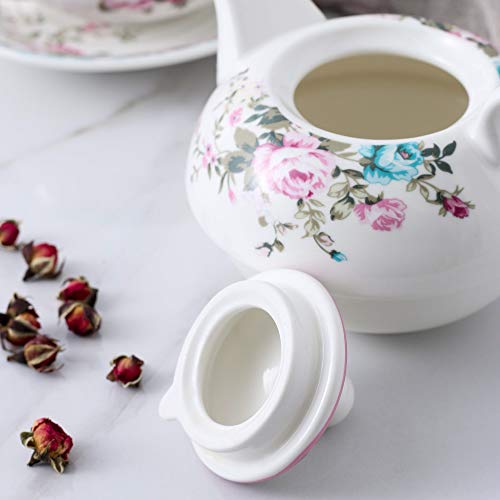 MALACASA, Serie Sweet.Time, 4 Piezas Juego de Té de Porcelana Tetera y Taza y Platillo de Tambien es Cafetera Regalo