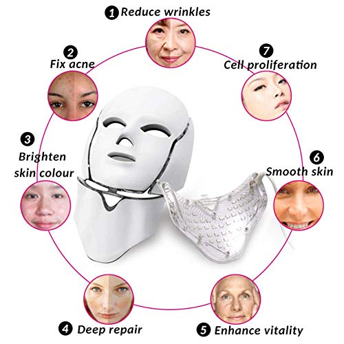 Máscara facial LED, 7 colores, terapia de luz, colágeno, antienvejecimiento, efecto tensor, cicatrices, blanqueamiento, máscara facial de belleza LED, con instrumento para el cuello