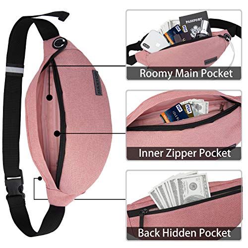 MAXTOP Fanny Pack - Riñonera Unisex con Conector para Auriculares y 3 Bolsillos con Cremallera, cinturón Ajustable, Bolsa para Entrenamiento al Aire Libre, Viajes, Casual, Correr, Senderismo (Rosado)