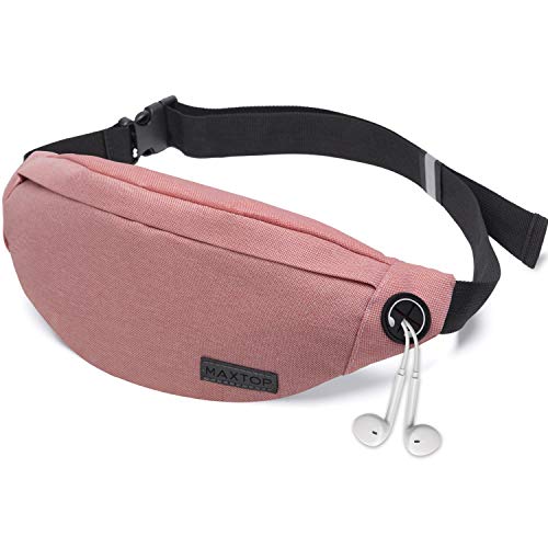 MAXTOP Fanny Pack - Riñonera Unisex con Conector para Auriculares y 3 Bolsillos con Cremallera, cinturón Ajustable, Bolsa para Entrenamiento al Aire Libre, Viajes, Casual, Correr, Senderismo (Rosado)