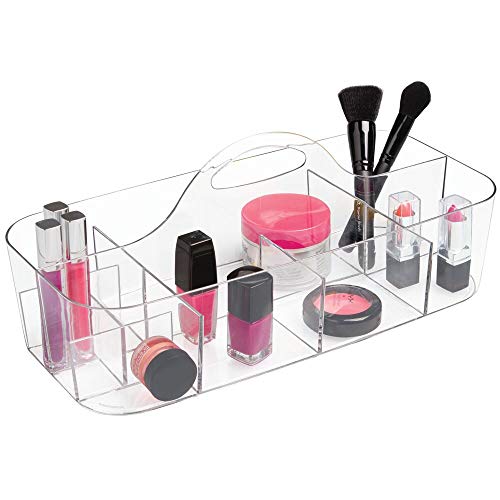 mDesign Caja con asa para Guardar cosméticos – Cesta de Ducha para el champú, el Gel, el acondicionador y demás – Organizador para baño de plástico Resistente con 11 Compartimentos – Transparente