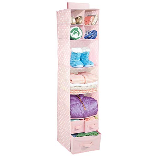 mDesign Organizador Colgante con 7 estantes y 3 cajones – Armario Perchero de Tela con Estampado de Lunares – Colgador para Zapatos Ideal para el Pasillo y el Dormitorio – Rosa/Blanco