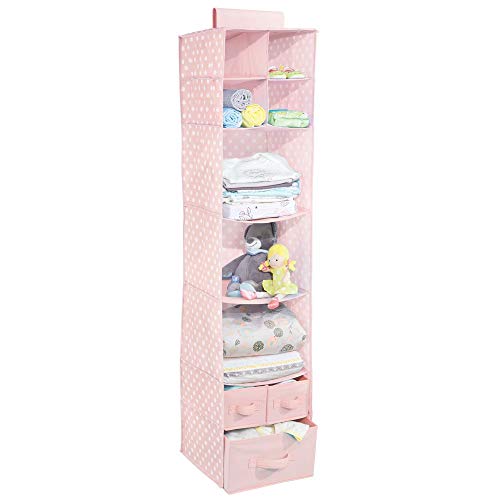 mDesign Organizador Colgante con 7 estantes y 3 cajones – Armario Perchero de Tela con Estampado de Lunares – Colgador para Zapatos Ideal para el Pasillo y el Dormitorio – Rosa/Blanco