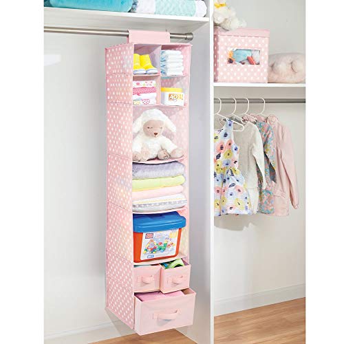 mDesign Organizador Colgante con 7 estantes y 3 cajones – Armario Perchero de Tela con Estampado de Lunares – Colgador para Zapatos Ideal para el Pasillo y el Dormitorio – Rosa/Blanco