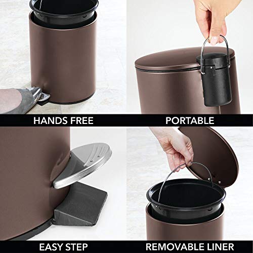 mDesign Papelera de baño Redonda – Contenedor de residuos de Metal con 5 litros de Capacidad, Pedal, tapadera y Cubo Interior – Elegante Cubo metálico para baño, Cocina o despacho – Color Bronce