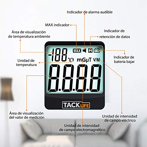 Medidor EMF, TACKLIFE Detector de Radiación, 5HZ - 3500MHz con LCD Digital, Alarma de Luz y Sonido, para Probar Radiación de Campo Magnético, Campo Eléctrico y Temperatura Ambiente - MET01