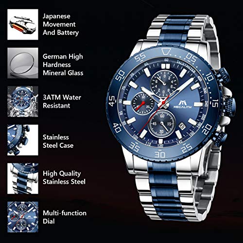 MEGALITH Relojes Hombre Reloj Cronografo Grande Elegante Azul Acero Inoxidable Impermeable Relojes de Pulsera Analogicos Luminosos Fecha