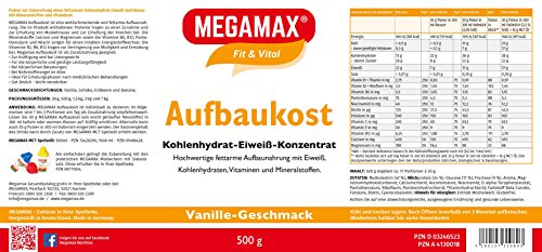 MEGAMAX - Aufbaukost - Suplemento para Ganar Peso y Masa Muscular - Vainilla - Solo un 0,5% de Grasa - 500 g