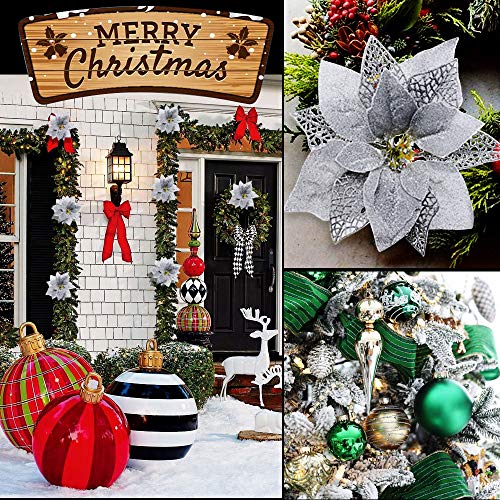 MEJOSER 10pcs Flores Navidad Artificiales Grandes 22cm con Purpurina Flores Pascua Ornamentos Adornos árbol Navidad Guirnaldas Adornos Navideños Manualidades Decoración Fiesta Plateado