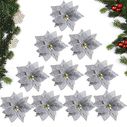 MEJOSER 10pcs Flores Navidad Artificiales Grandes 22cm con Purpurina Flores Pascua Ornamentos Adornos árbol Navidad Guirnaldas Adornos Navideños Manualidades Decoración Fiesta Plateado