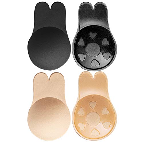 MELLIEX 2 Pares Pezoneras de Invisibles Reutilizables, Cubierta de Pezón Push up Sujetador Etiqueta de Adhesiva de Ajustable para Mujer, Desnudo y Negro