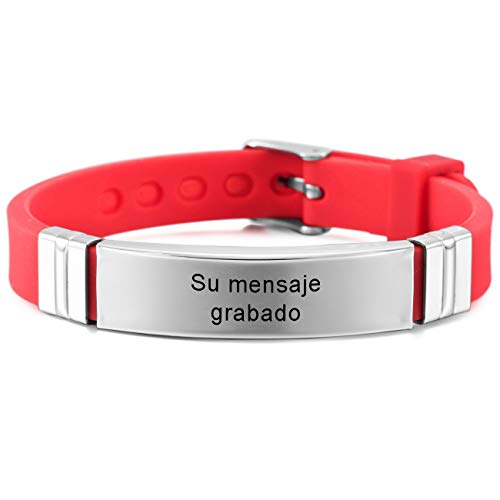 MeMeDIY El Tono De Plata Rojo Acero Inoxidable Plástico Caucho Pulsera Brazalete Brazalete Ajustable - Grabado Personalizado