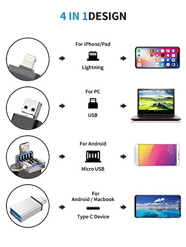 Memoria USB 3.0 32GB para iPhone y iPad OTG [4 en 1] Pendrive Memoria Flash USB Compatible con USB C/Android/PC/iOS13/ Macbook - Negro