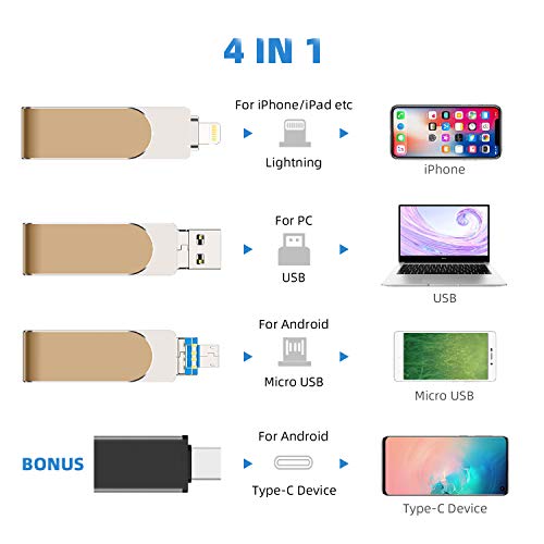 Memoria USB para iPhone 128 GB ,Qarunt 4 en 1 USB 3.0 OTG Pendrive Memory Stick Externa para Tipo C USB C iPad Android Laptops Smartphone Macbook iOS