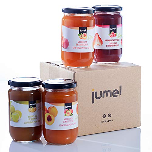 Mermelada Jumel con extra de fruta. Pack de 4 unidades (1,39 €/u) multisabor: mermelada fresa, melocotón, ciruela, albaricoque. Mermelada gourmet, ideal para desayunos, meriendas y tostadas.