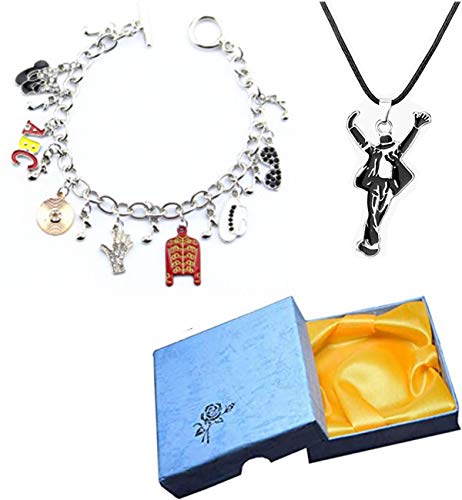 Michael Jackson Handmade Aleación Pulseras+Cordón Cuero Collar+Joyería Caja,Elementos Musicales de Michael Jackson Concierto Recuerdo Joyas Navidad, Cumpleaños, San Valentín,Regalo(Pulsera+Collar)