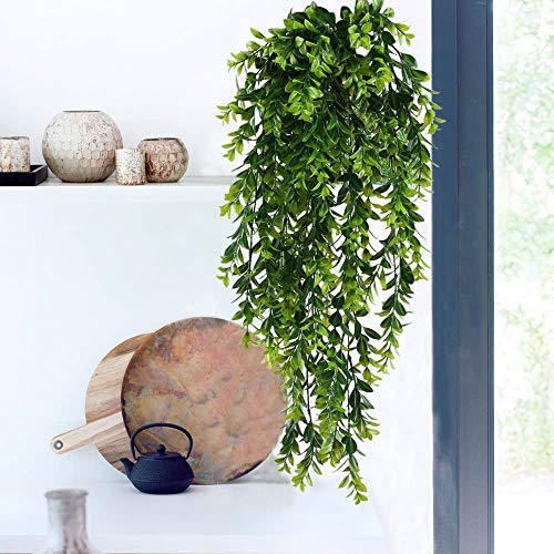 MIHOUNION Falso colgante de plantas 2PCS Plástico falso que cuelga el verdor Planta de la hoja UV Cortijo Plantas artificiales de Cubierta para la en el hogar Estantería Pared Interior Exterior