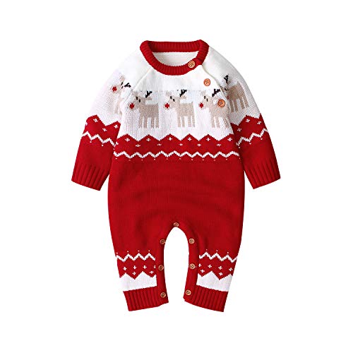 mimixiong Baby Sweater Romper Conjuntos de Mono de Reno de Navidad(Rojo,6-12 Meses)