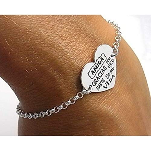 Minoplata Pulsera corazón Plata Amiga Gracias por ser Parte de mi Vida, Joya con Mensaje Ideal para tu Mejor Amiga