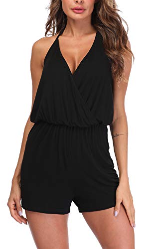 MISS MOLY Mono Mujer Traje de Verano Cuello en V Trajes de Mameluco Correa de Espagueti Sin Mangas Halterneck Jumpsuit Playsuit Negro X-Small